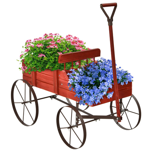 Wooden Wagon Plant Bed With Wheel, Red