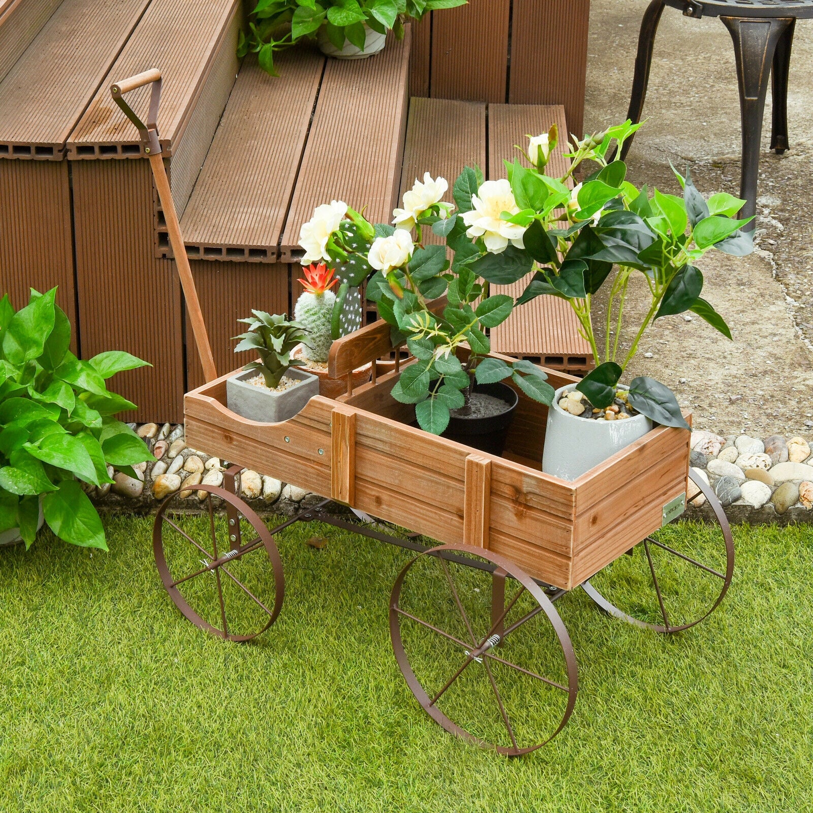 Wooden Wagon Plant Bed With Wheel, Brown Plant Stands at Gallery Canada