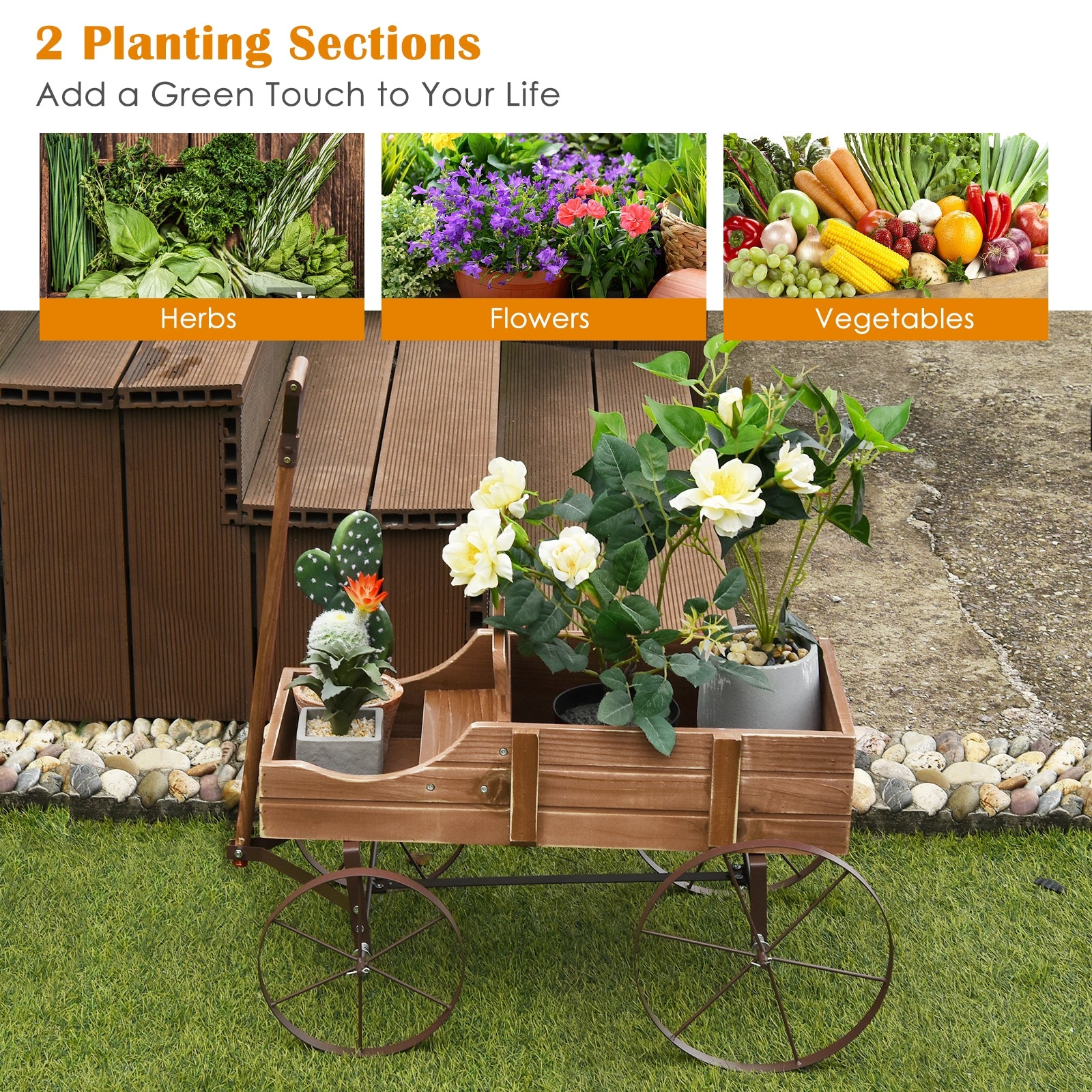 Wooden Wagon Plant Bed With Wheel, Brown Plant Stands at Gallery Canada