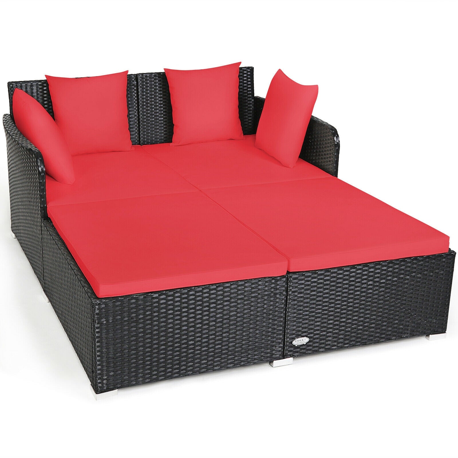 Outdoor Rattan Daybed With Upholstered Cushions, Red Outdoor Sectionals Red at Gallery Canada
