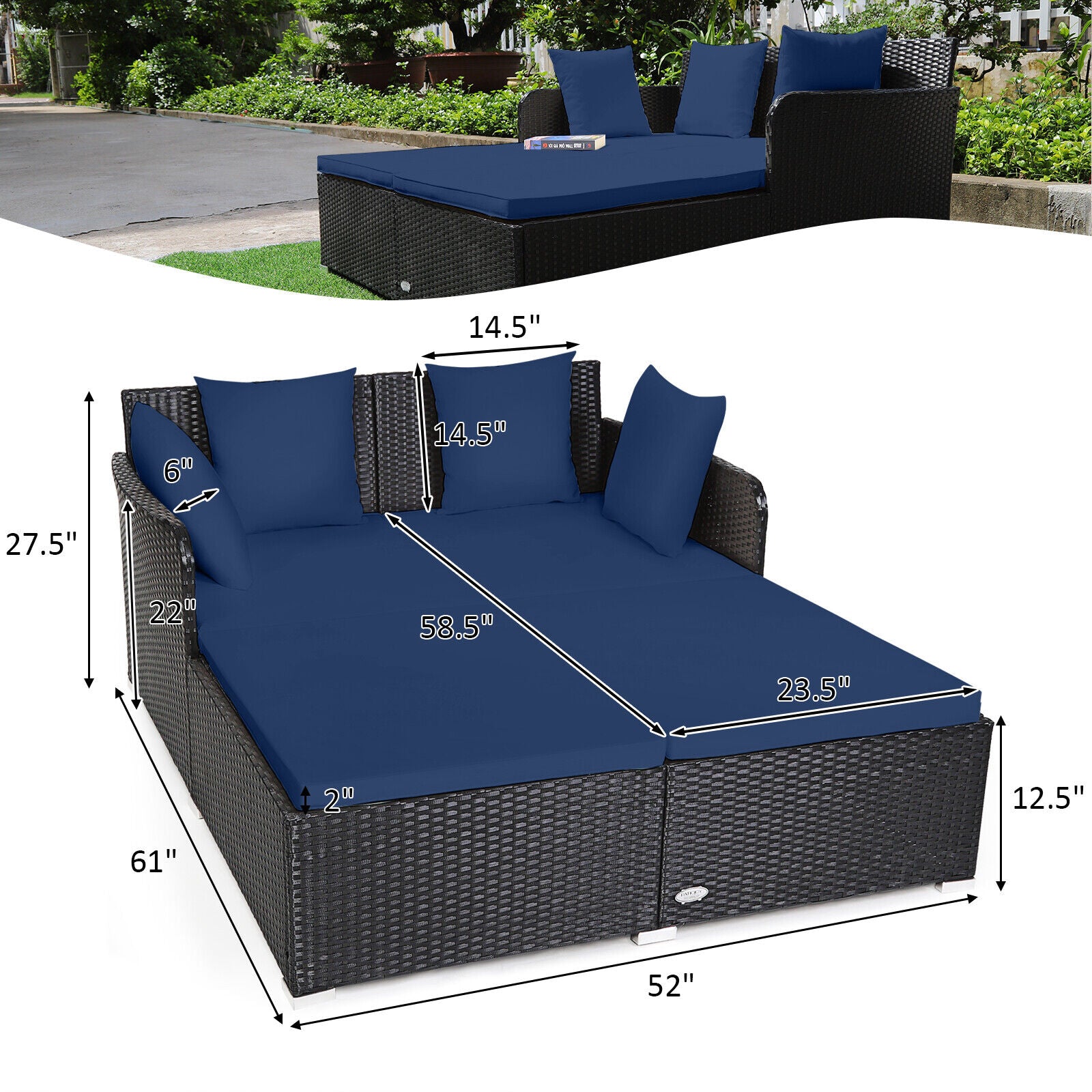 Outdoor Rattan Daybed With Cushions, Navy Outdoor Sectionals at Gallery Canada