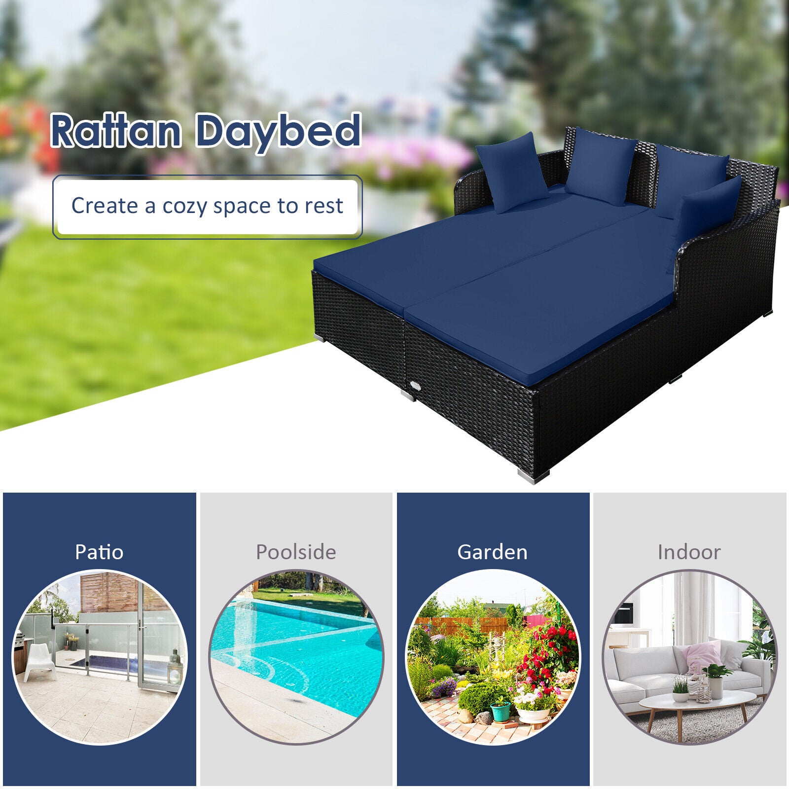 Outdoor Rattan Daybed With Cushions, Navy Outdoor Sectionals at Gallery Canada