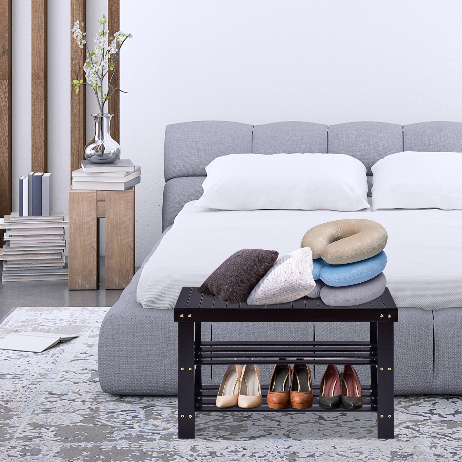 3 Tier Bamboo Bench Storage Shoe Shelf, Black Shoe Racks & Storage Benches at Gallery Canada