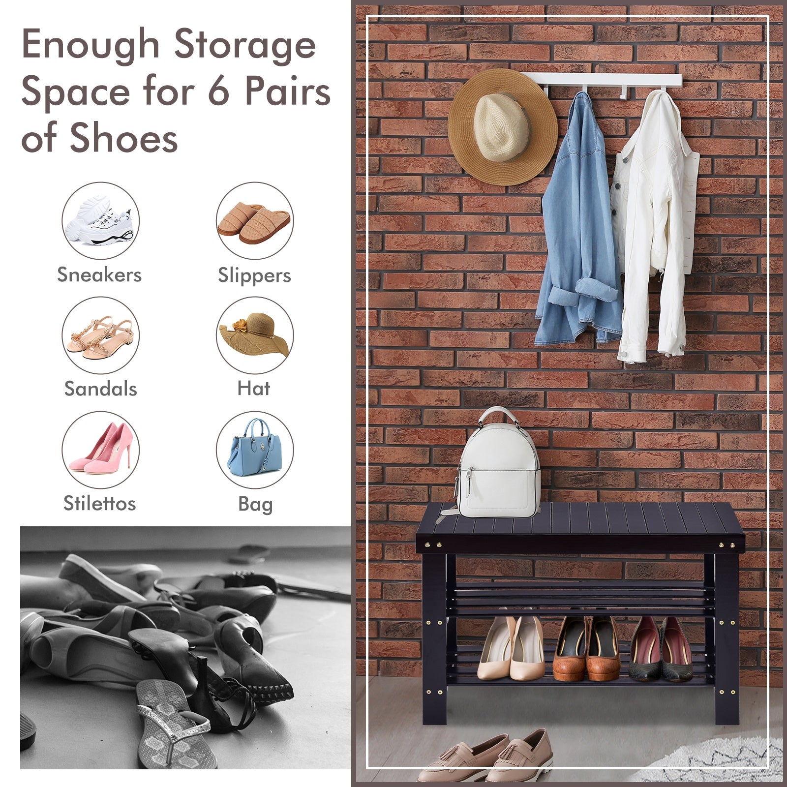 3 Tier Bamboo Bench Storage Shoe Shelf, Black Shoe Racks & Storage Benches at Gallery Canada