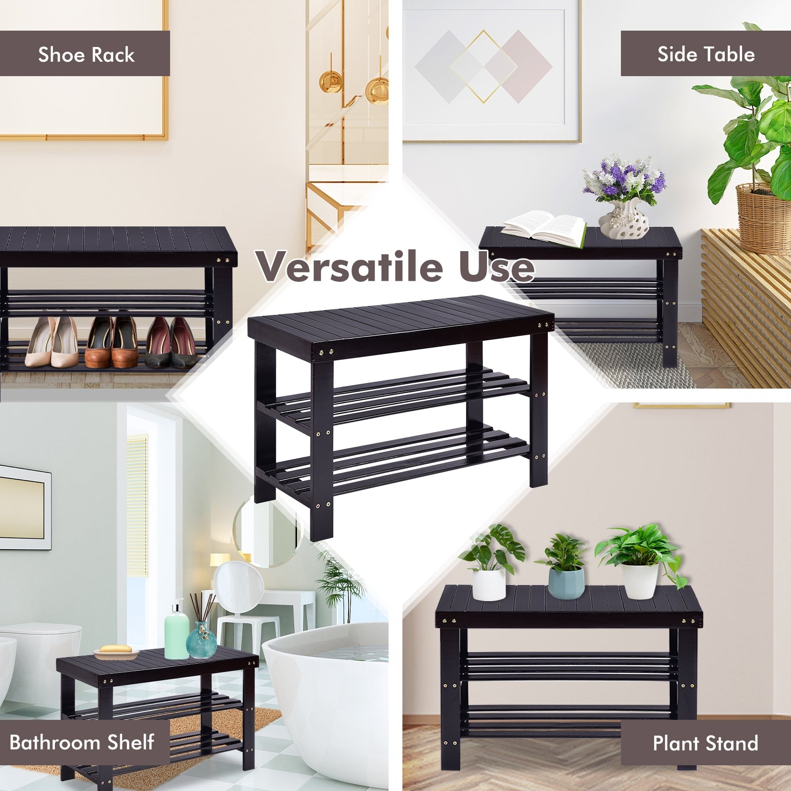 3 Tier Bamboo Bench Storage Shoe Shelf, Black Shoe Racks & Storage Benches at Gallery Canada