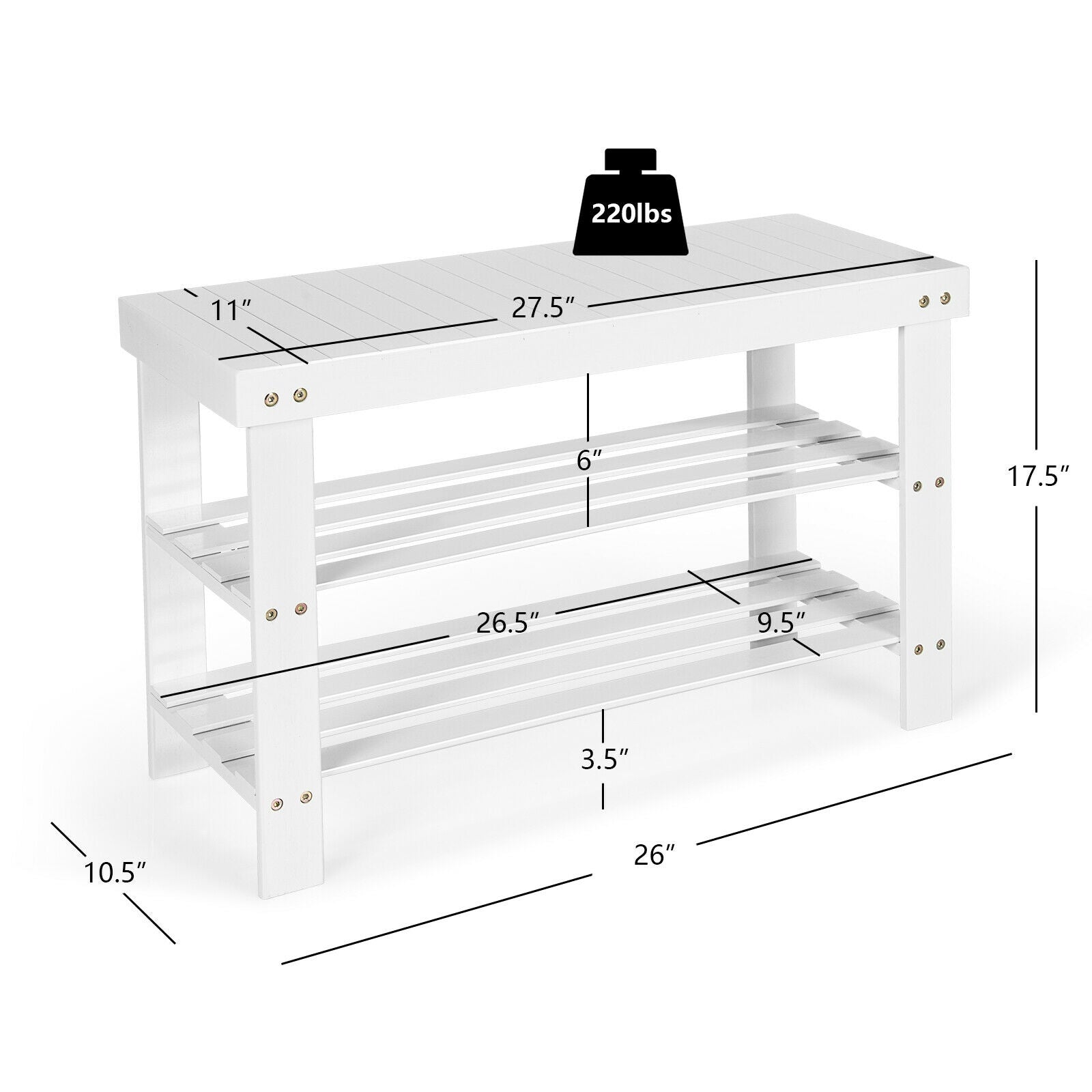 3-Tier Bamboo Shoe Bench, Holds 6 Pairs, White Shoe Racks & Storage Benches at Gallery Canada