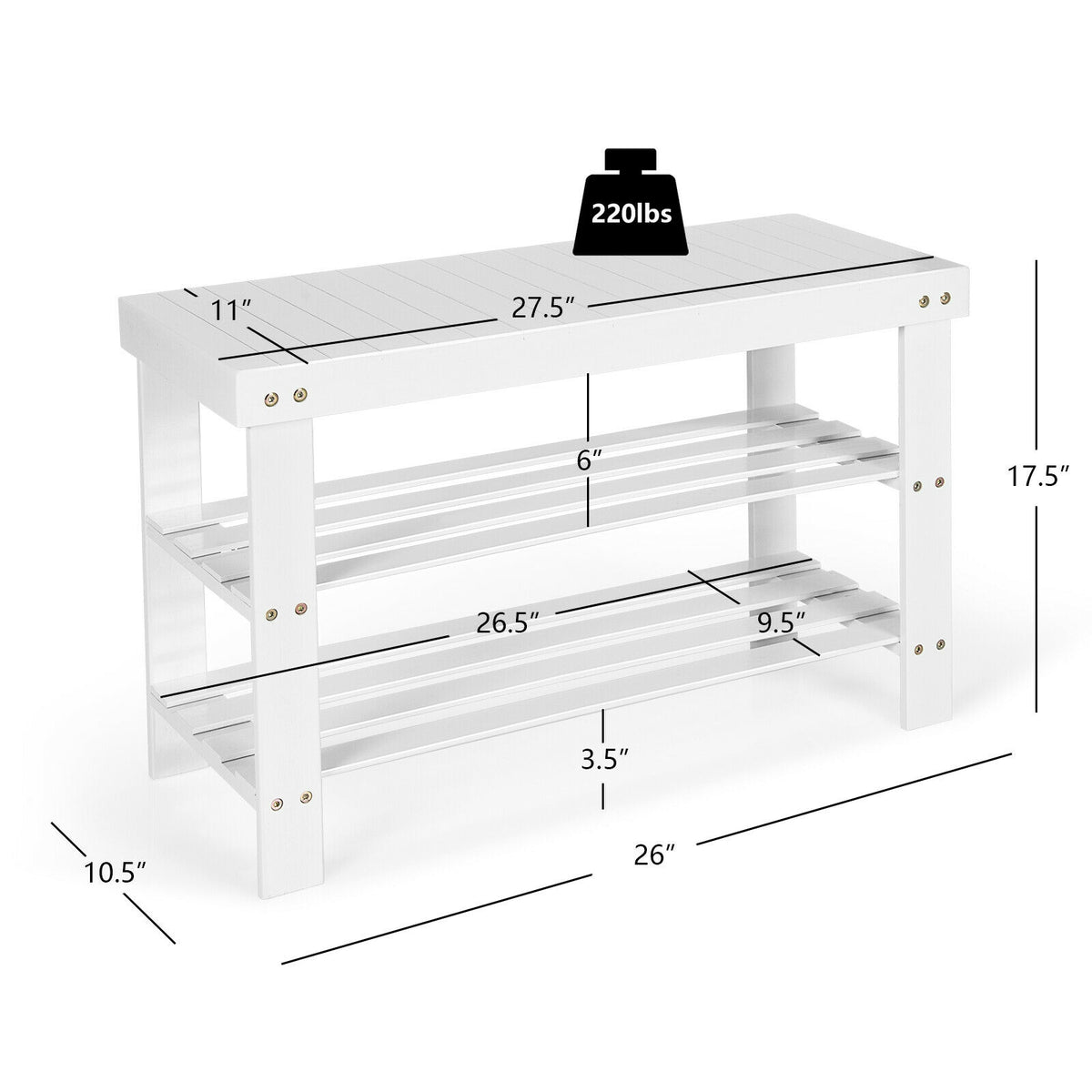 3-Tier Bamboo Shoe Bench, Holds 6 Pairs, White Shoe Racks & Storage Benches at Gallery Canada
