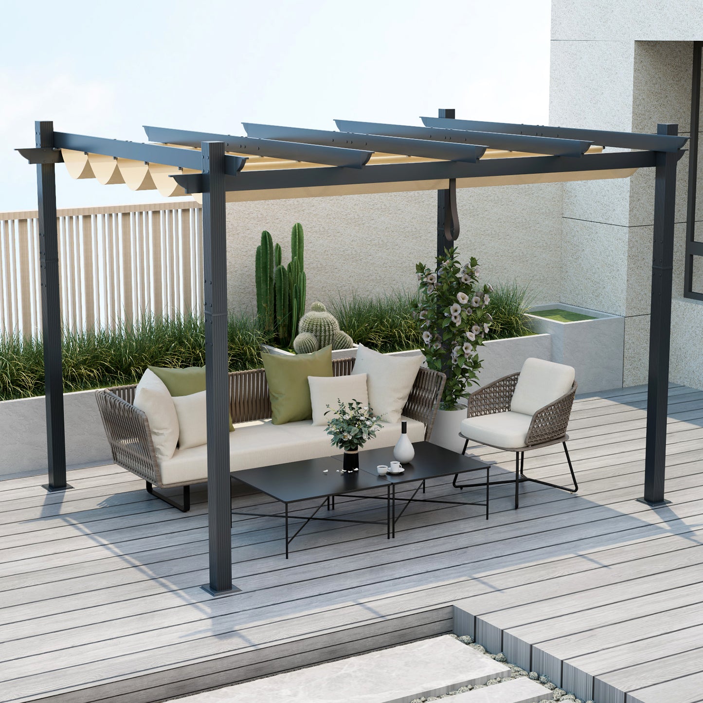 10x12 Feet Aluminum Retractable Pergola Canopy, Beige Gazebos at Gallery Canada