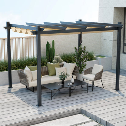 10x12 Feet Aluminum Retractable Pergola Canopy, Beige Gazebos at Gallery Canada