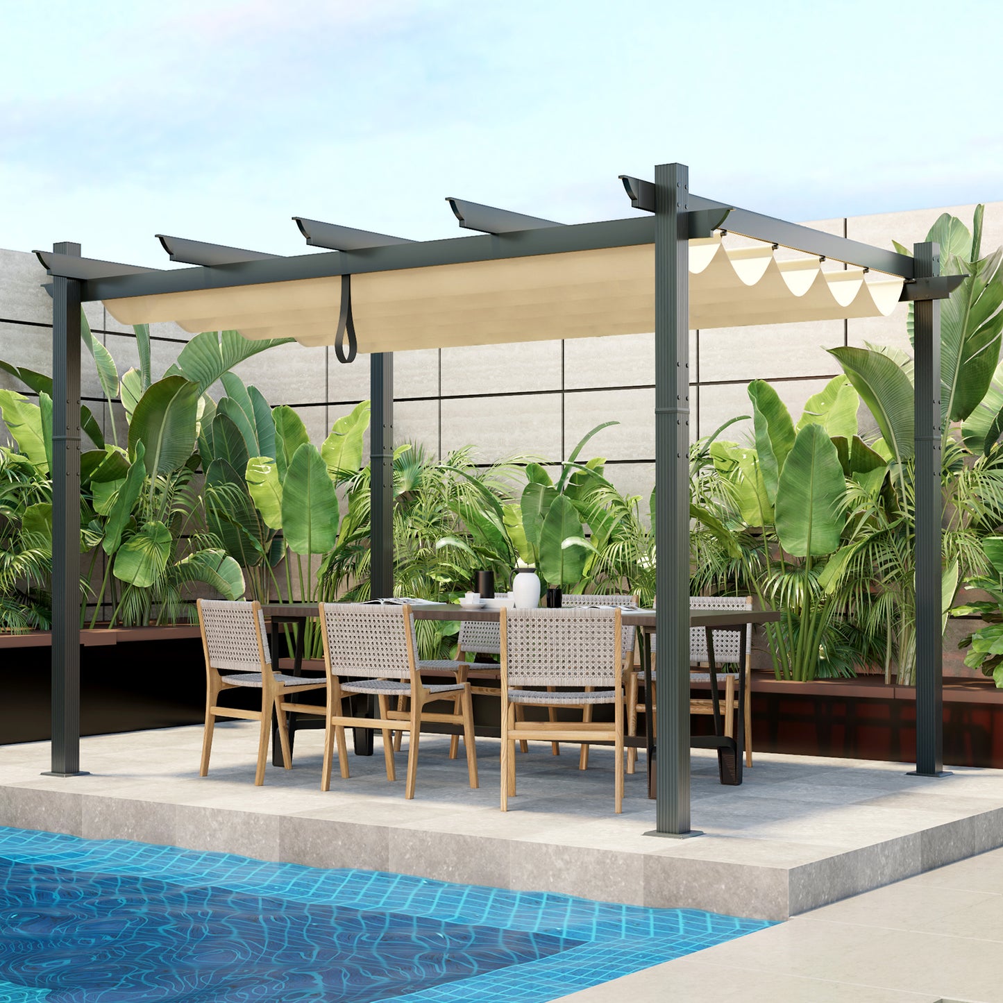 10x12 Feet Aluminum Retractable Pergola Canopy, Beige Gazebos at Gallery Canada