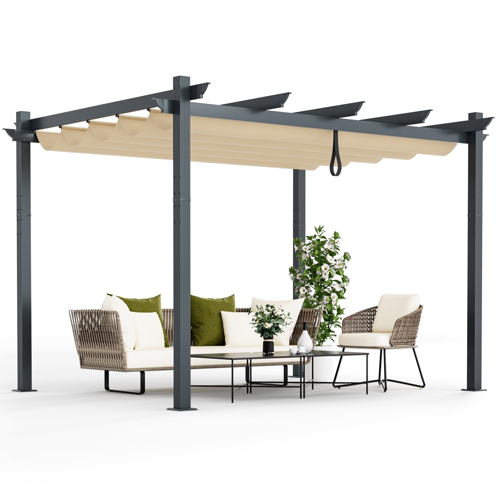 10x12 Feet Aluminum Retractable Pergola Canopy, Beige Gazebos at Gallery Canada