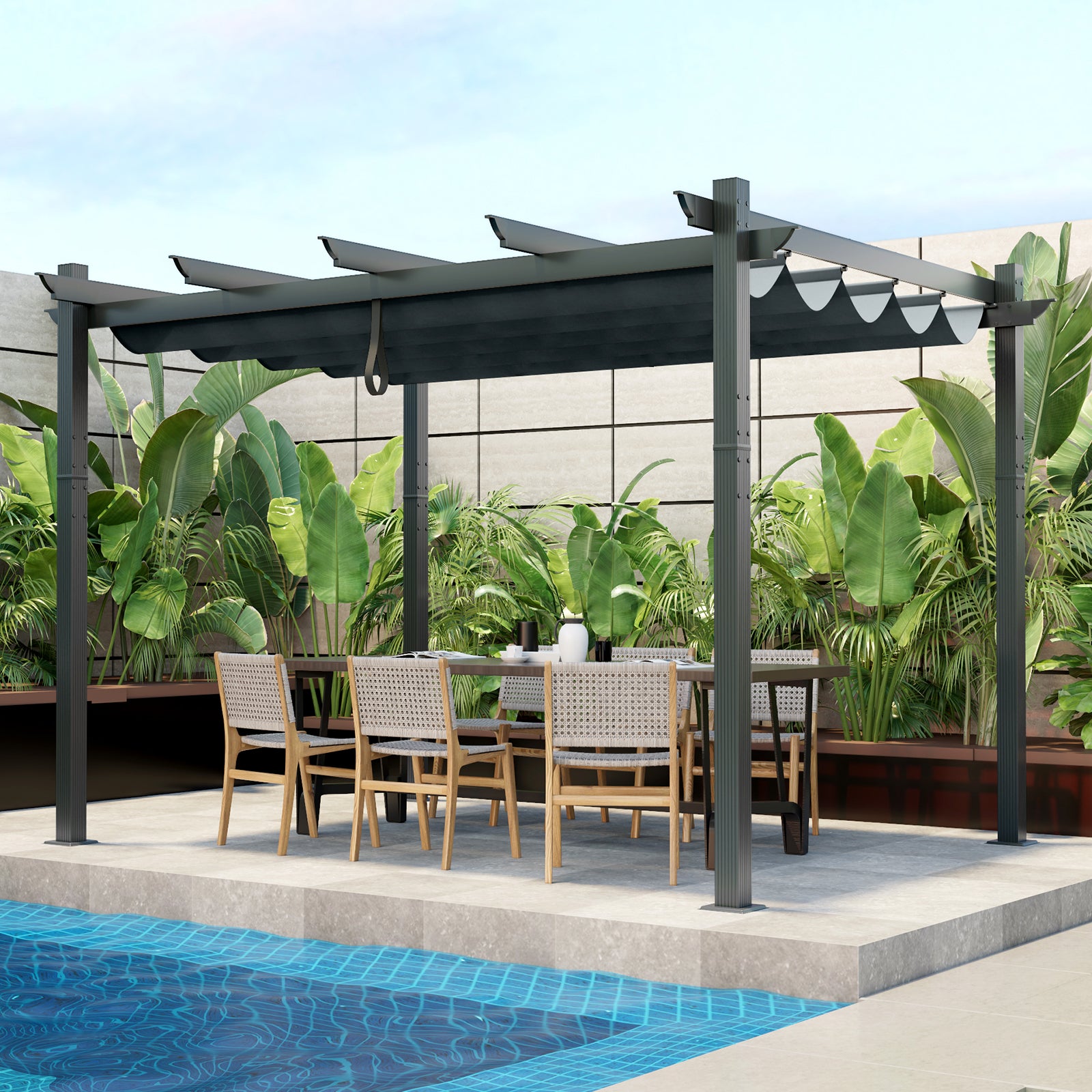 10 x 12 Feet Aluminum Retractable Pergola Canopy, Gray Gazebos at Gallery Canada