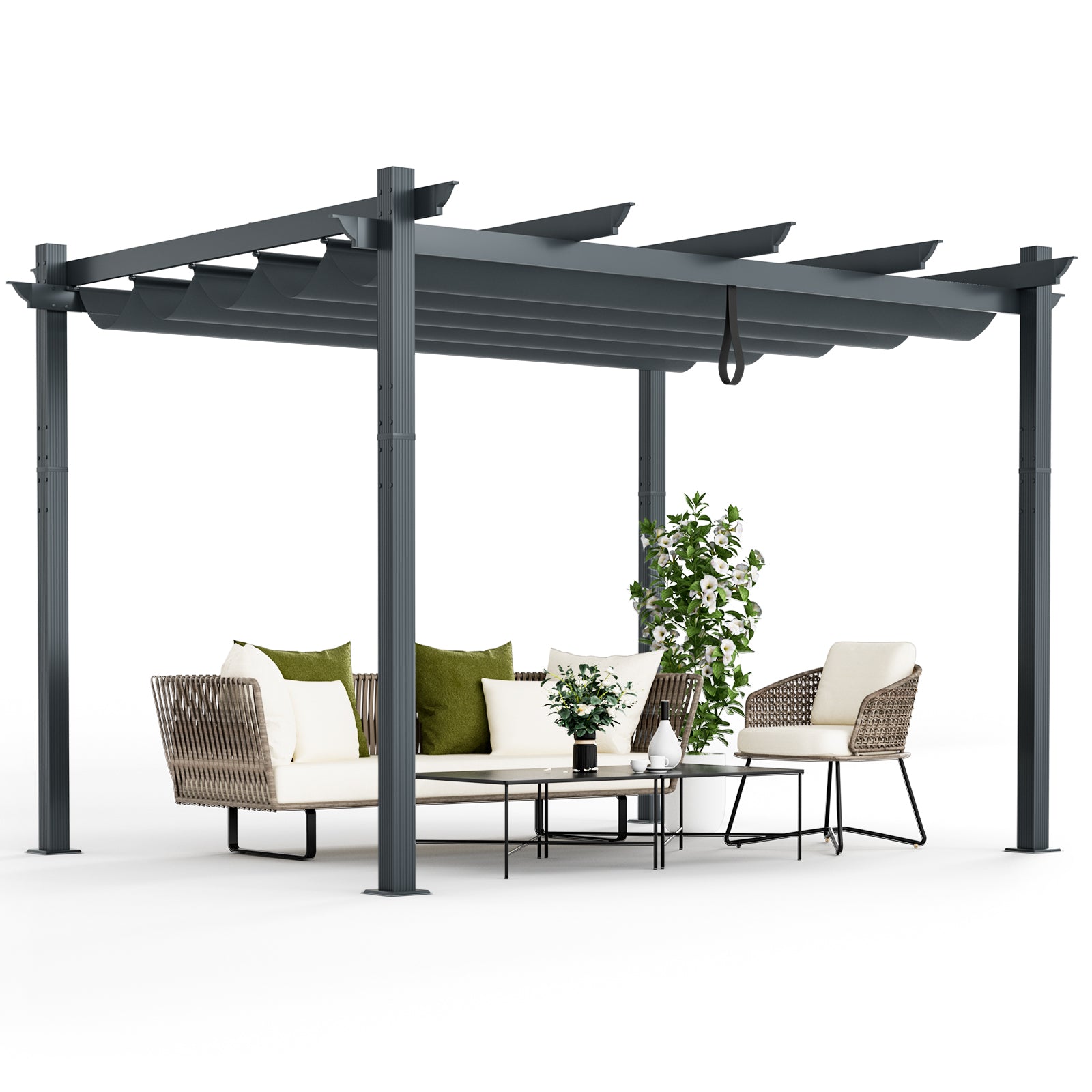 10 x 12 Feet Aluminum Retractable Pergola Canopy, Gray Gazebos at Gallery Canada