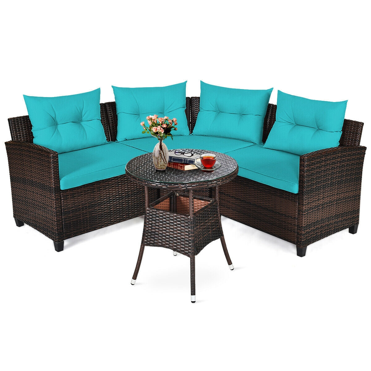 4Pcs Outdoor Rattan Furniture Set, Turquoise Outdoor Sectionals Turquoise at Gallery Canada