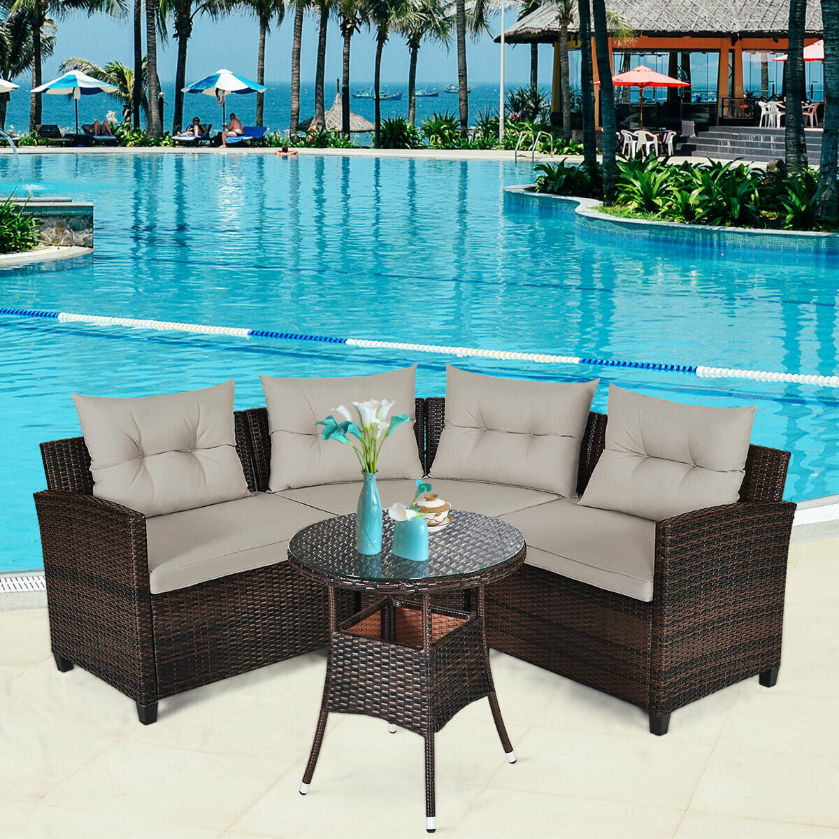 4 Piece Outdoor Cushioned Rattan Furniture Set, Brown Outdoor Sectionals at Gallery Canada