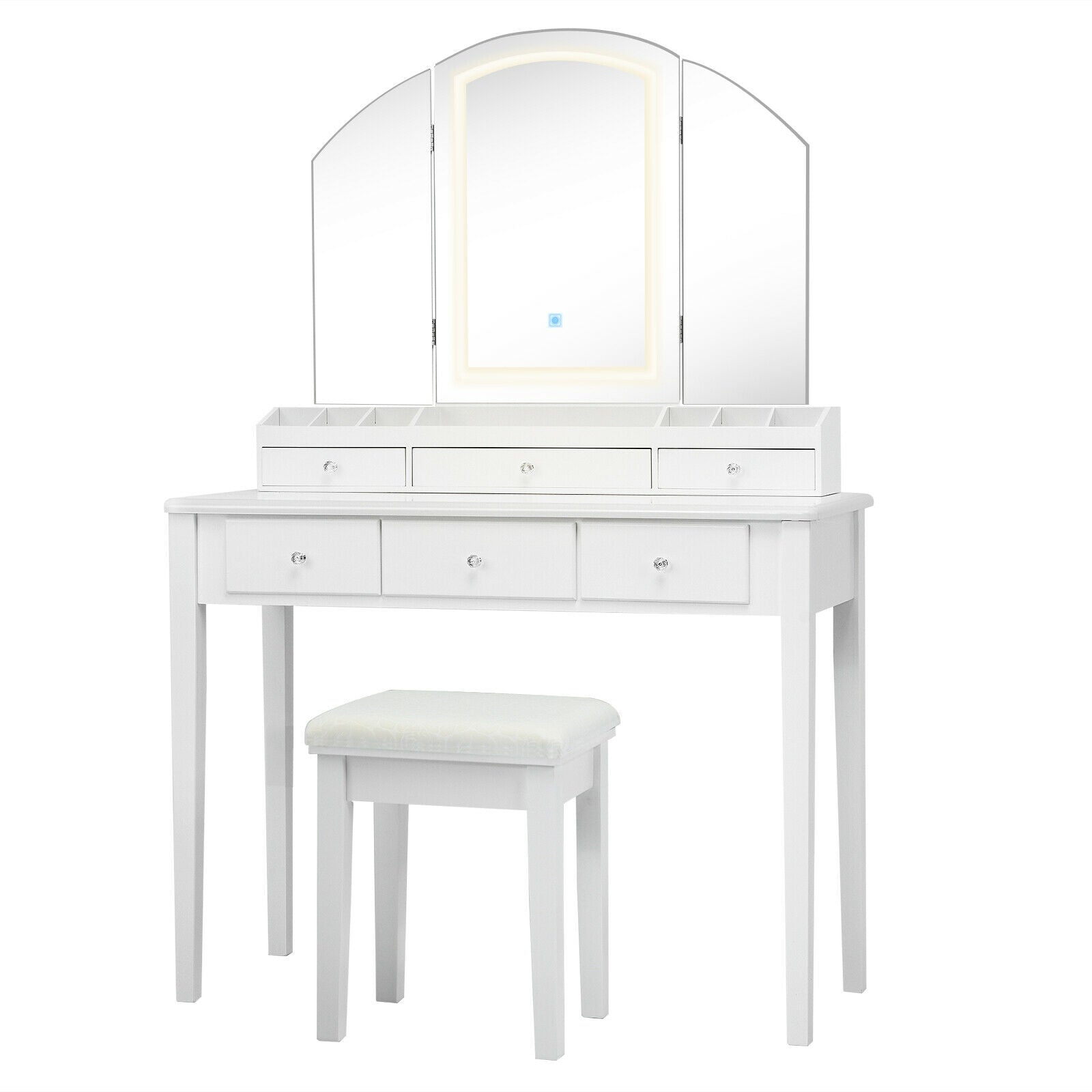 Vanity Table Stool Set, Large Tri-Folding Lighted Mirror, White Makeup Vanities at Gallery Canada