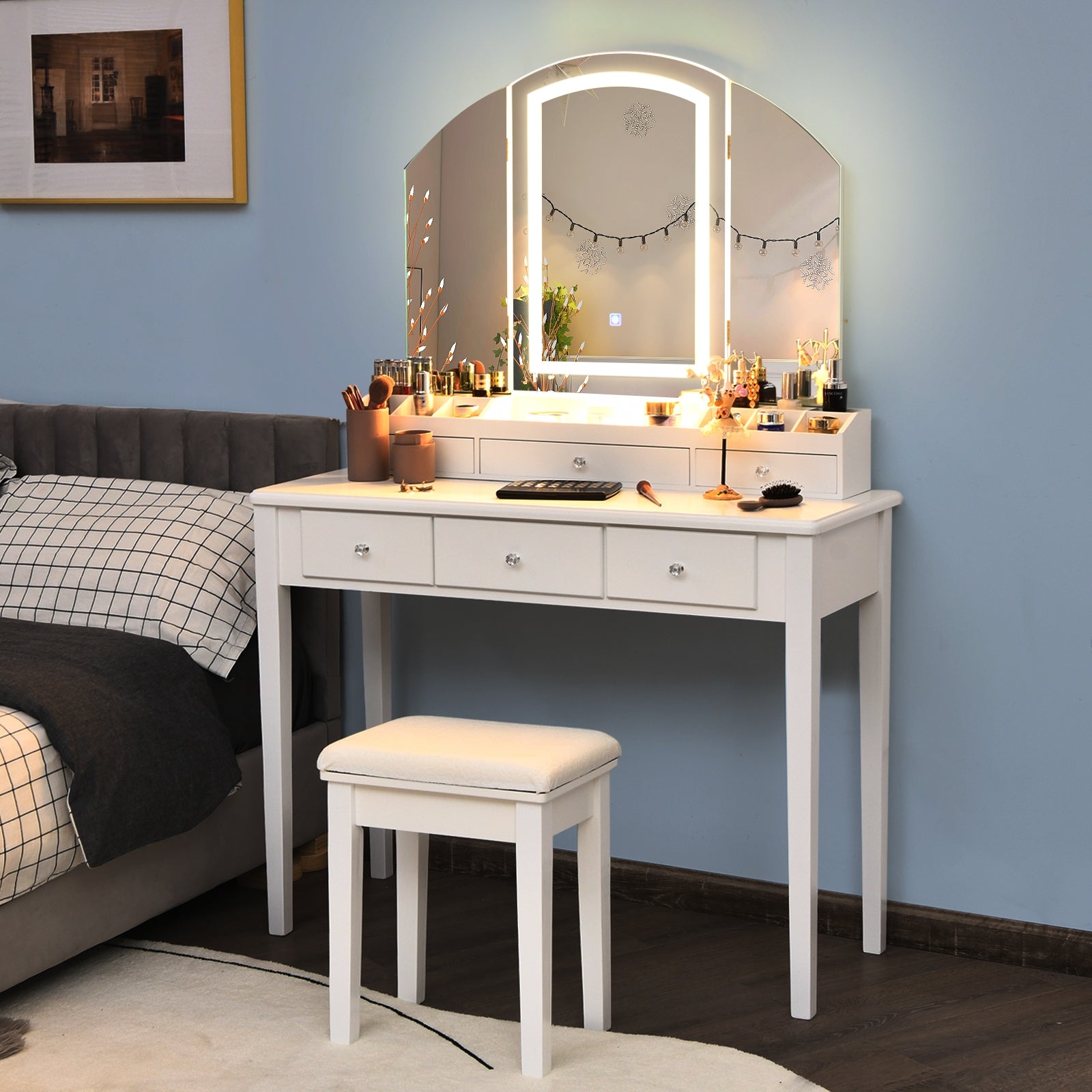 Vanity Table Stool Set, Large Tri-Folding Lighted Mirror, White Makeup Vanities at Gallery Canada