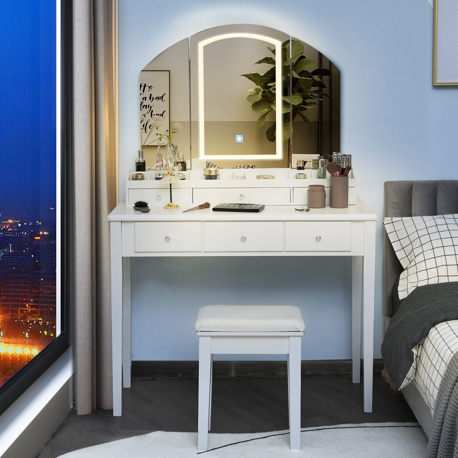 Vanity Table Stool Set, Large Tri-Folding Lighted Mirror, White Makeup Vanities at Gallery Canada