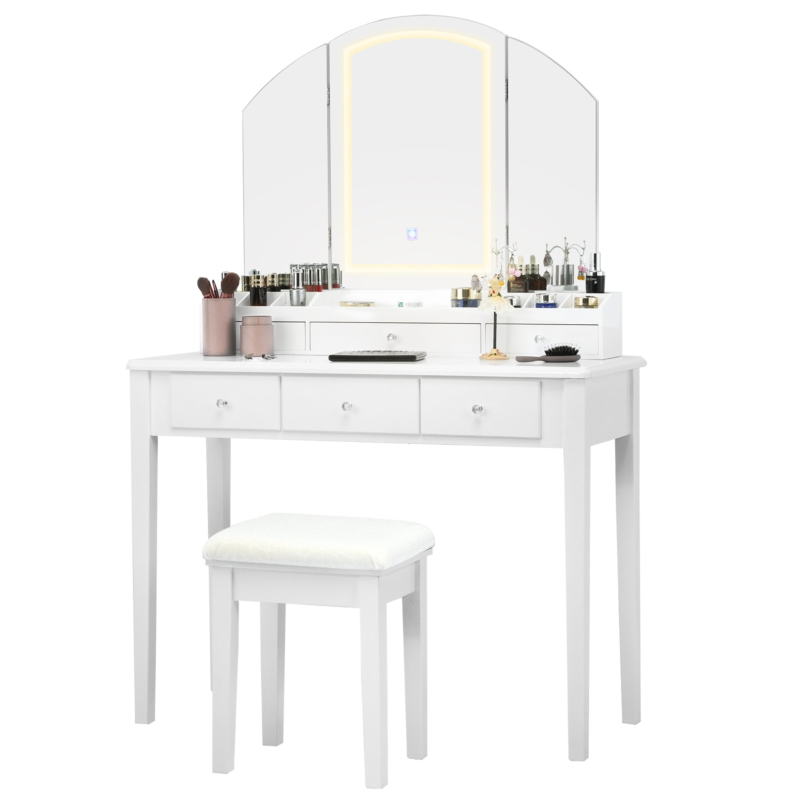 Vanity Table Stool Set, Large Tri-Folding Lighted Mirror, White Makeup Vanities at Gallery Canada
