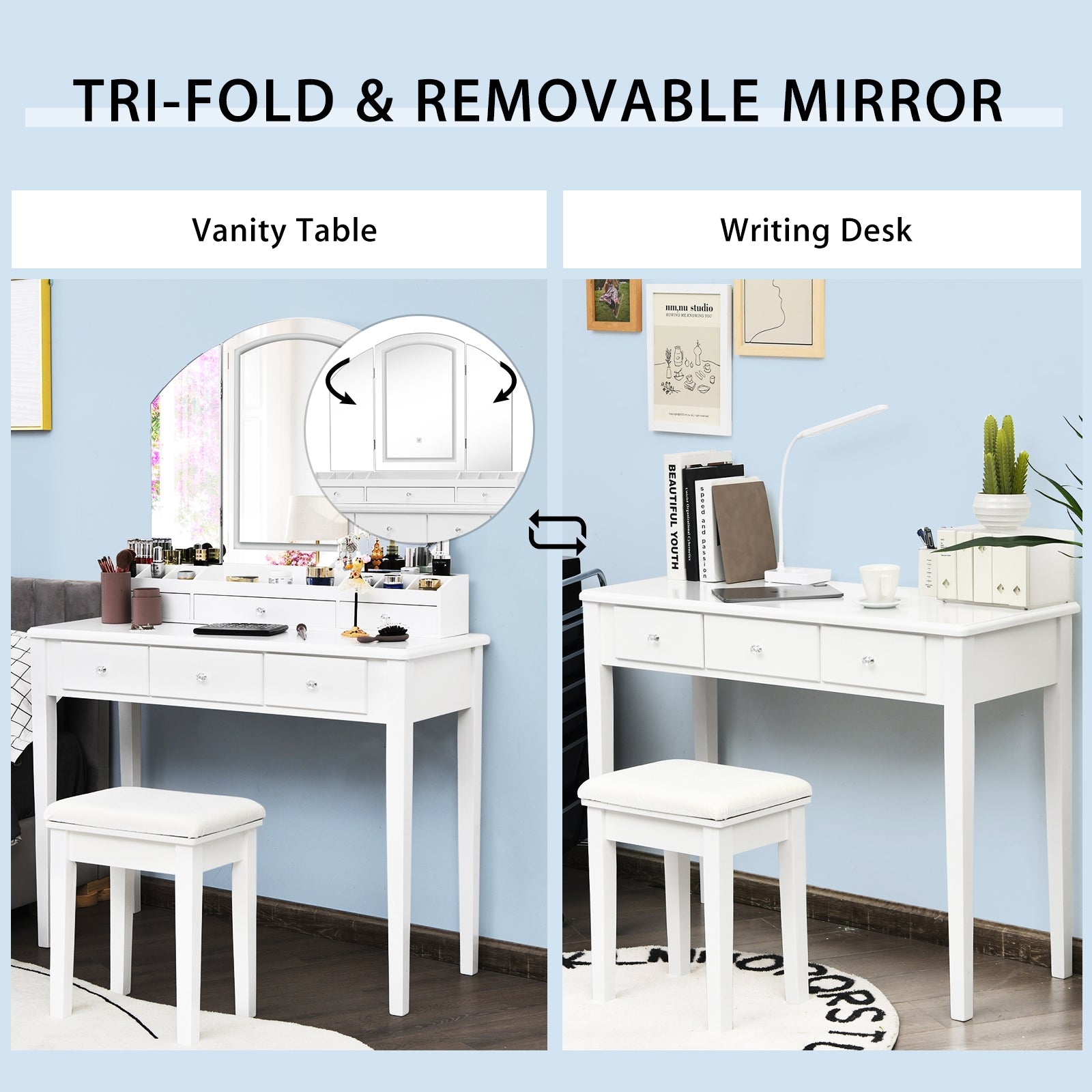 Vanity Table Stool Set, Large Tri-Folding Lighted Mirror, White Makeup Vanities at Gallery Canada