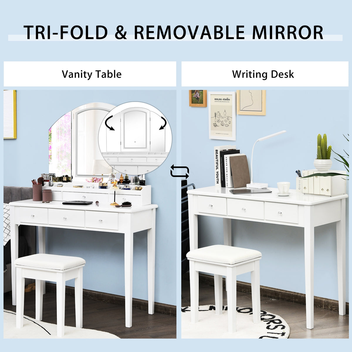 Vanity Table Stool Set, Large Tri-Folding Lighted Mirror, White Makeup Vanities at Gallery Canada