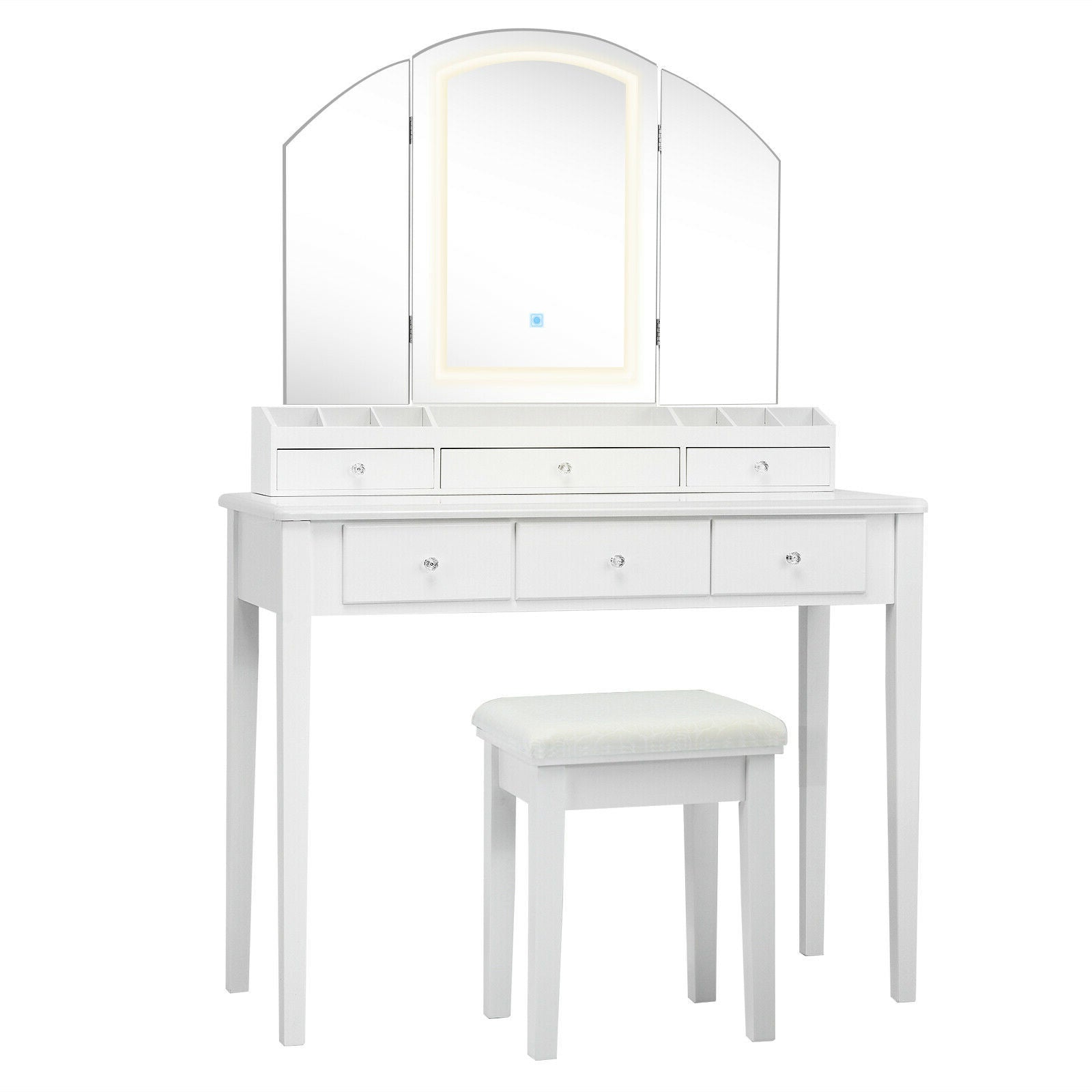 Vanity Table Stool Set, Large Tri-Folding Lighted Mirror, White Makeup Vanities at Gallery Canada