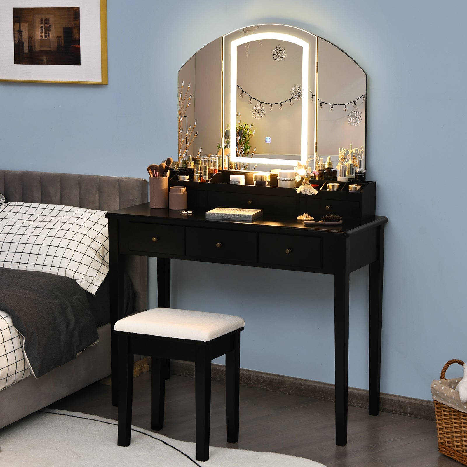 Vanity Table Stool Set, Large Tri-Folding Lighted Mirror, Black Makeup Vanities at Gallery Canada