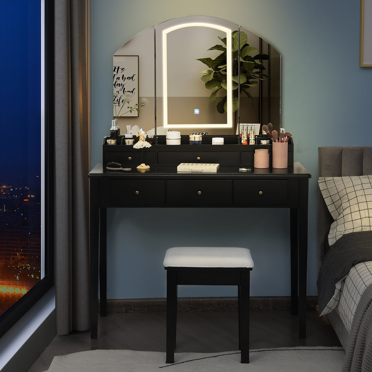 Vanity Table Stool Set, Large Tri-Folding Lighted Mirror, Black Makeup Vanities at Gallery Canada