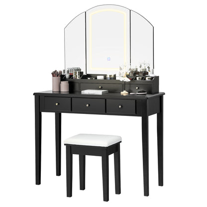 Vanity Table Stool Set, Large Tri-Folding Lighted Mirror, Black Makeup Vanities at Gallery Canada