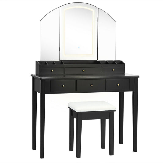 Vanity Table Stool Set, Large Tri-Folding Lighted Mirror, Black Makeup Vanities Black at Gallery Canada