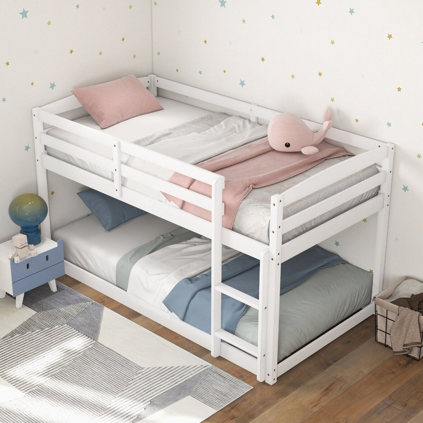 Twin Size Bunk Bed, High Guardrails, Integrated Ladder, White Bunk Bed Frame at Gallery Canada