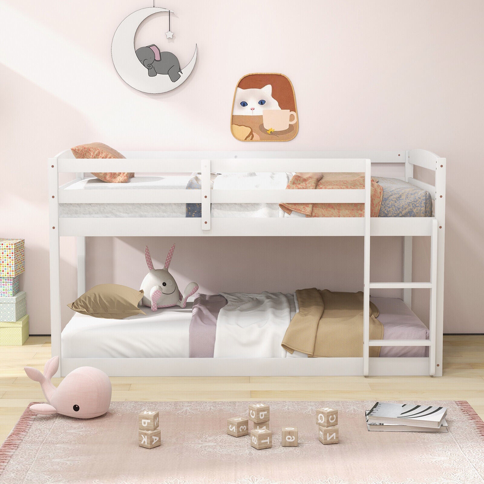 Twin Size Bunk Bed, High Guardrails, Integrated Ladder, White Bunk Bed Frame at Gallery Canada