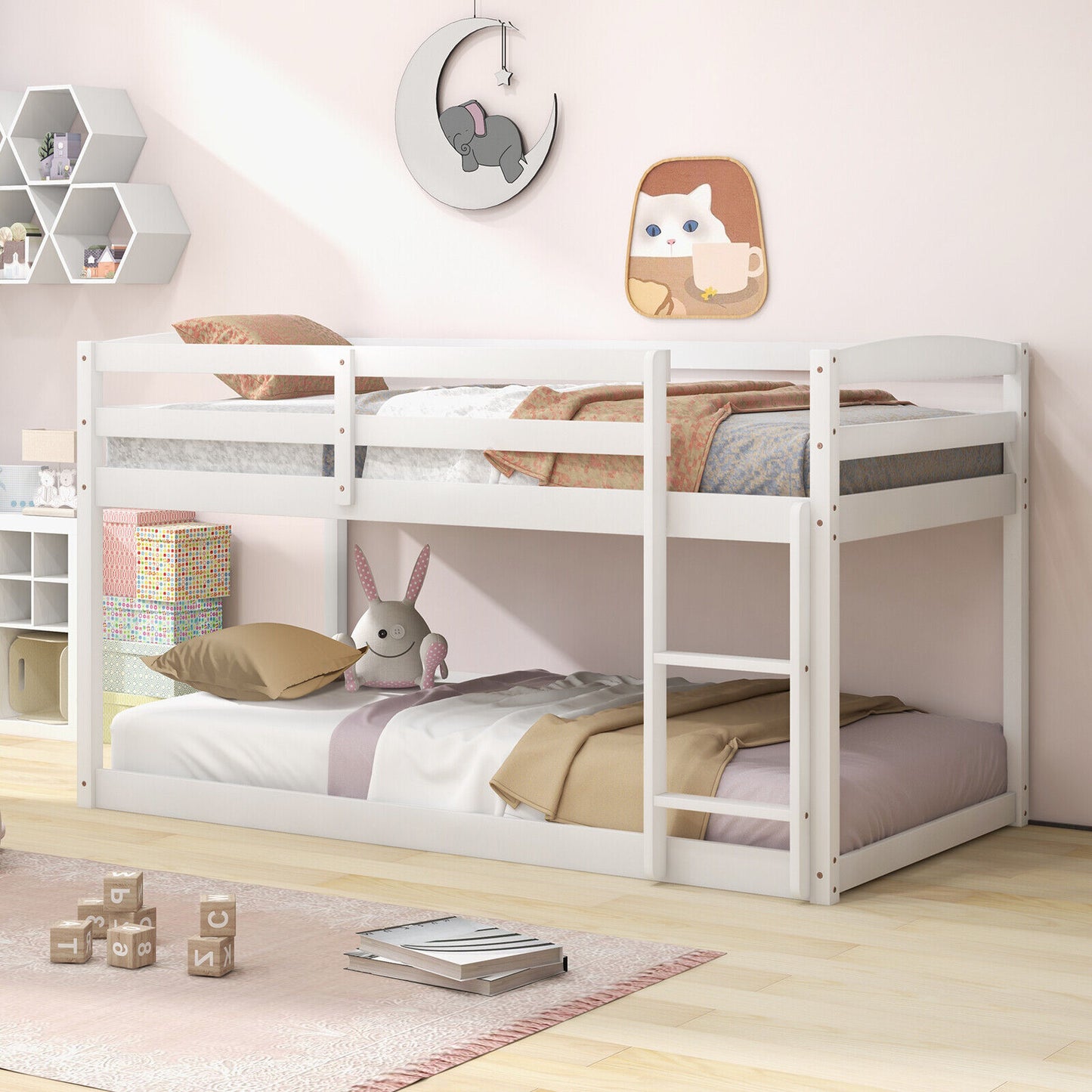 Twin Size Bunk Bed, High Guardrails, Integrated Ladder, White Bunk Bed Frame at Gallery Canada