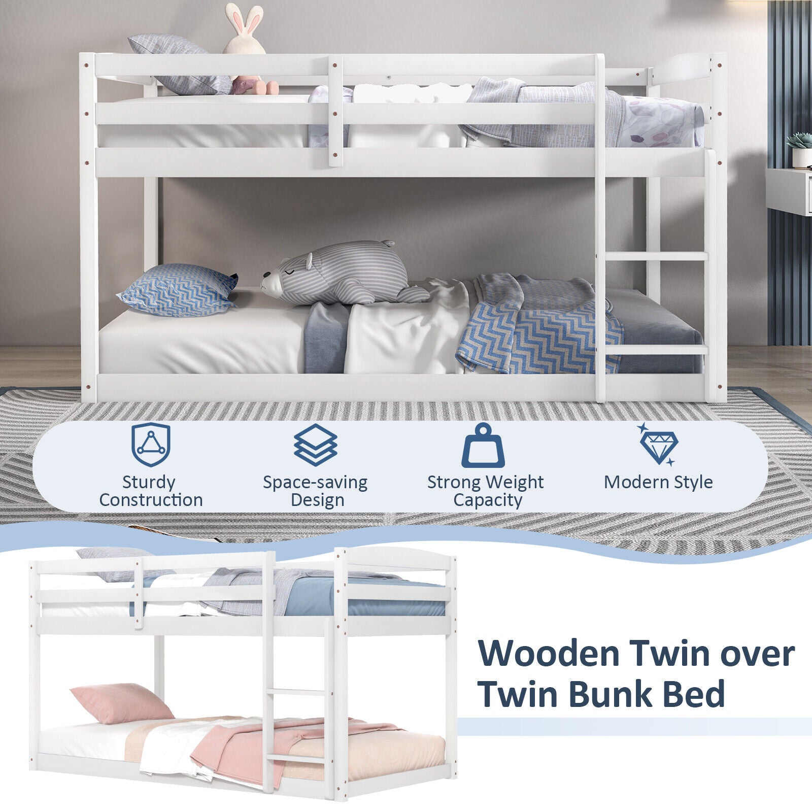 Twin Size Bunk Bed, High Guardrails, Integrated Ladder, White Bunk Bed Frame at Gallery Canada