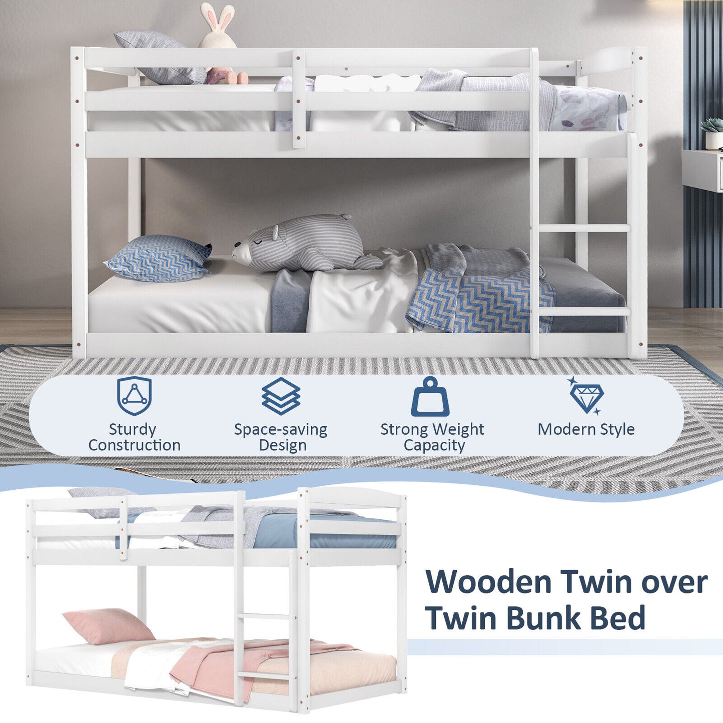 Twin Size Bunk Bed, High Guardrails, Integrated Ladder, White Bunk Bed Frame at Gallery Canada