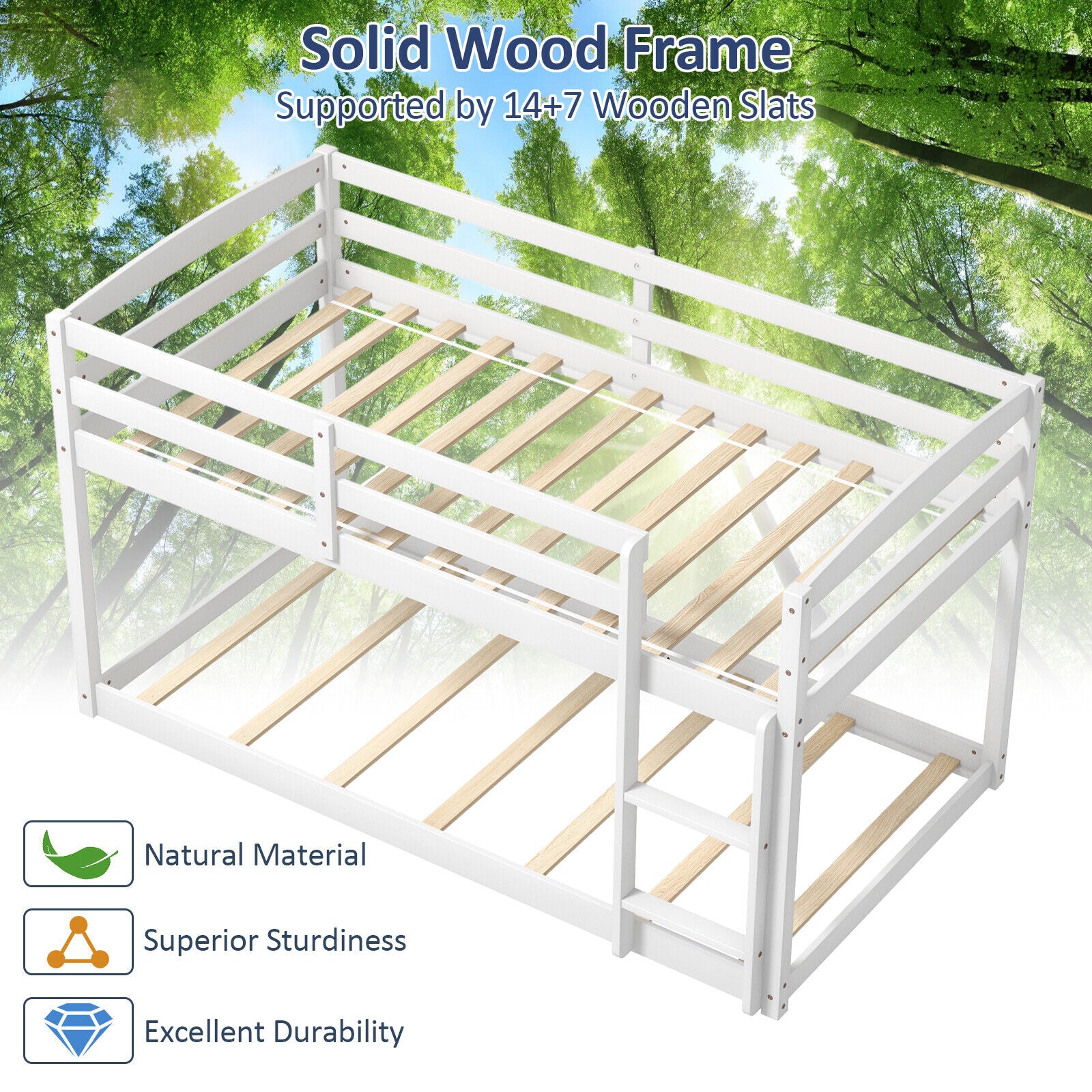 Twin Size Bunk Bed, High Guardrails, Integrated Ladder, White Bunk Bed Frame at Gallery Canada