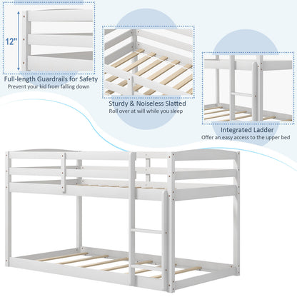 Twin Size Bunk Bed, High Guardrails, Integrated Ladder, White Bunk Bed Frame at Gallery Canada