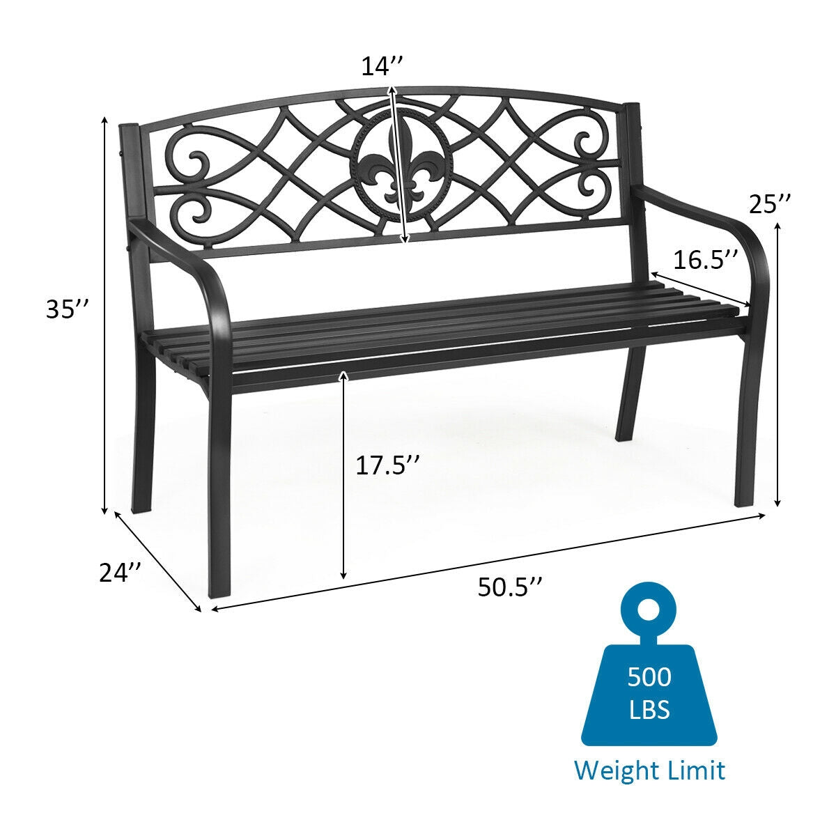 50 Inch Heavy-Duty Metal Garden Bench, Black Outdoor Benches at Gallery Canada