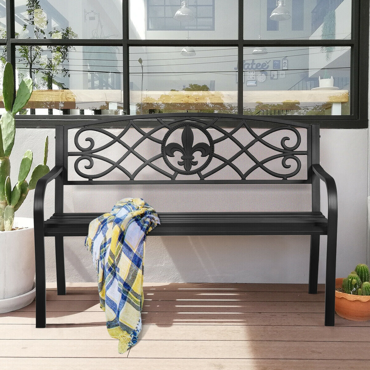50 Inch Heavy-Duty Metal Garden Bench, Black Outdoor Benches at Gallery Canada