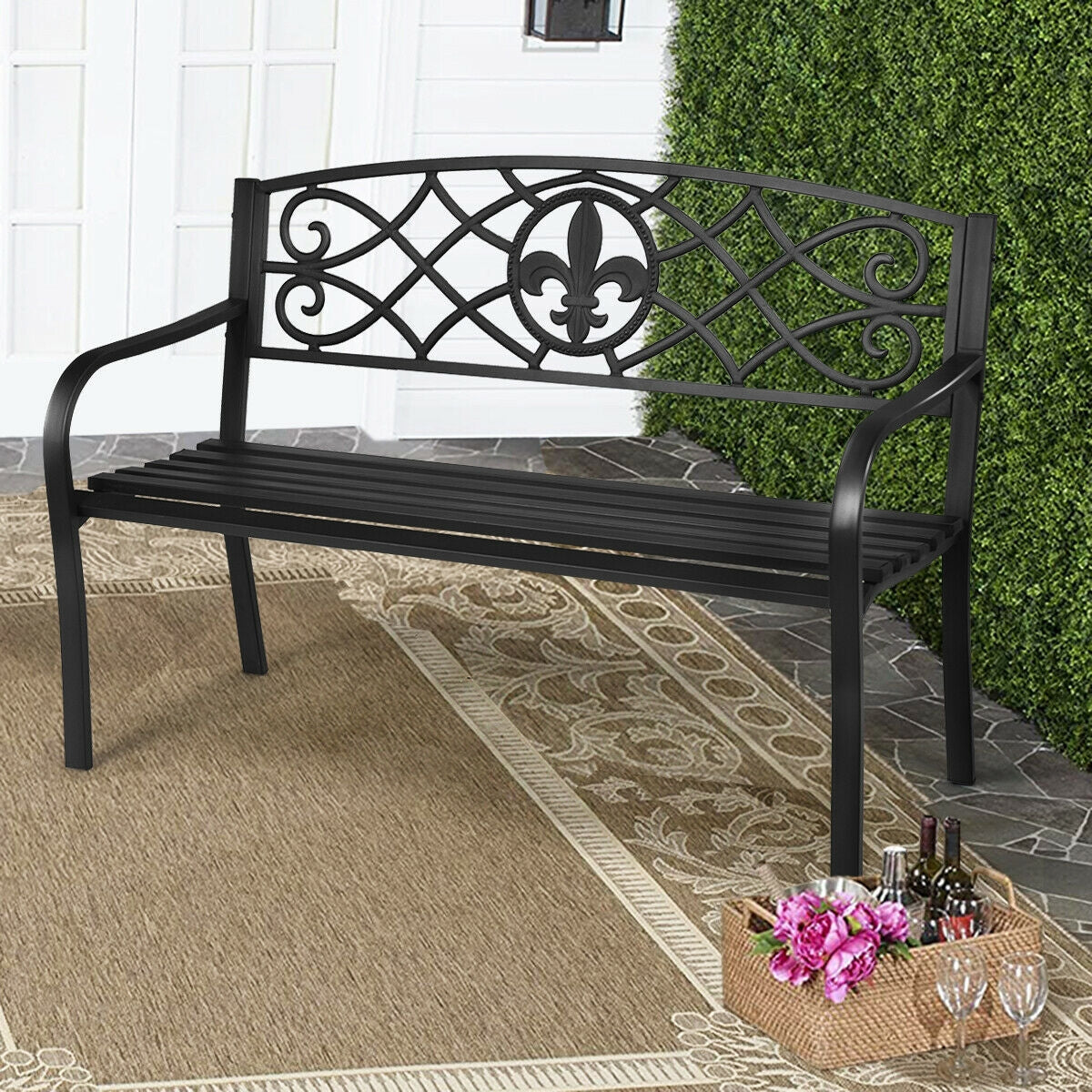 50 Inch Heavy-Duty Metal Garden Bench, Black Outdoor Benches at Gallery Canada