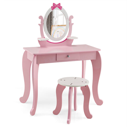 Kid Vanity Table Stool Set, Oval Rotatable Mirror, Pink Kids Vanities Pink at Gallery Canada