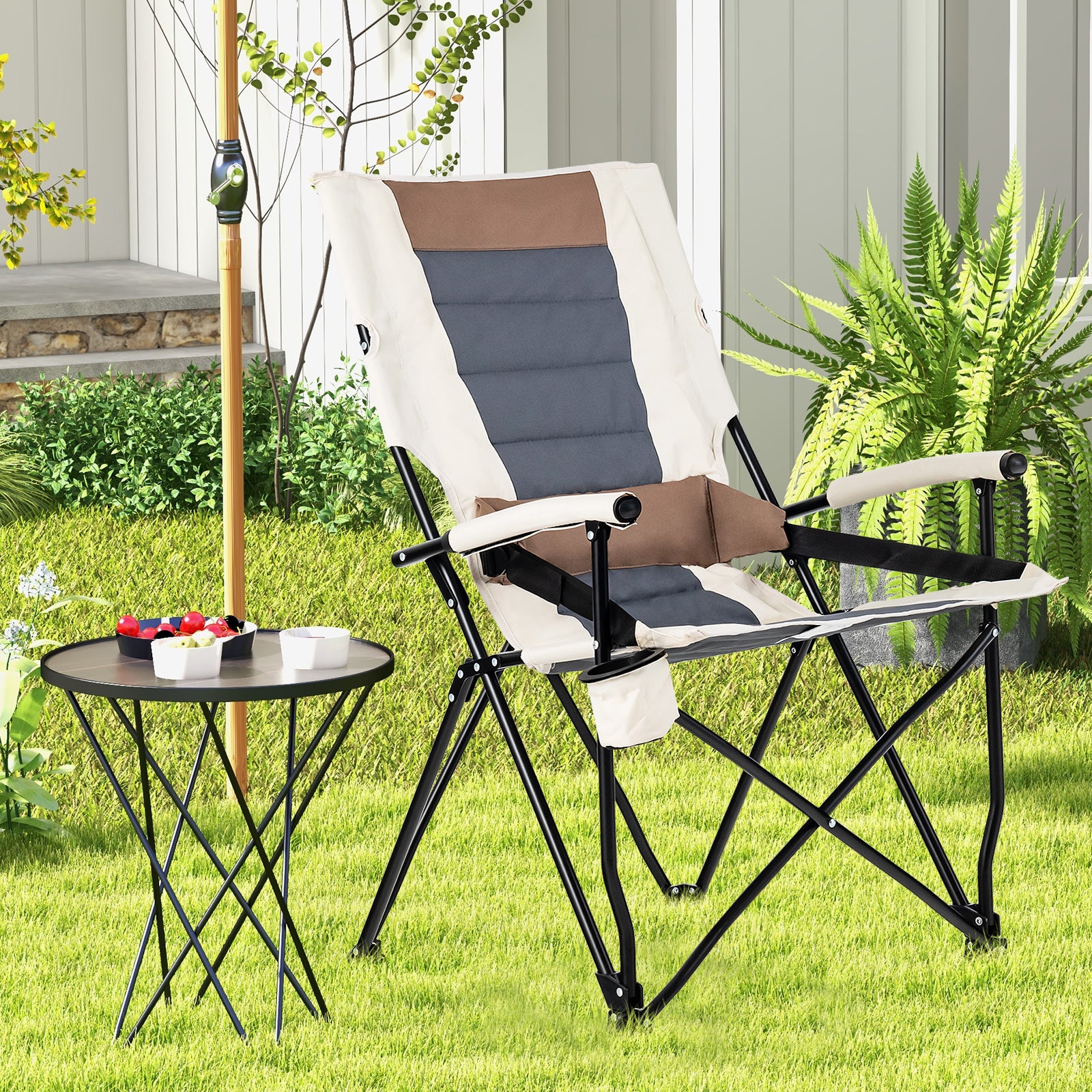 Folding Camping Chair With Cup Holder, Armrest, Lumbar Pillow, Multicolor Camping Furniture at Gallery Canada