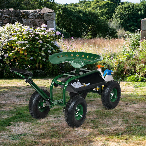 Heavy Duty Garden Cart, Tool Tray, 360 Swivel Seat, Green