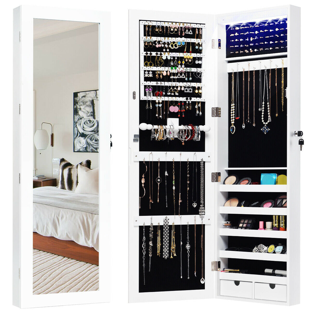 Door Mounted Lockable Mirrored Jewelry Cabinet With LED Lights, White Jewelry Armoires White at Gallery Canada