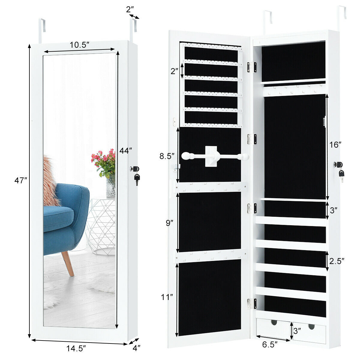 Door Mounted Lockable Mirrored Jewelry Cabinet With LED Lights, White Jewelry Armoires at Gallery Canada