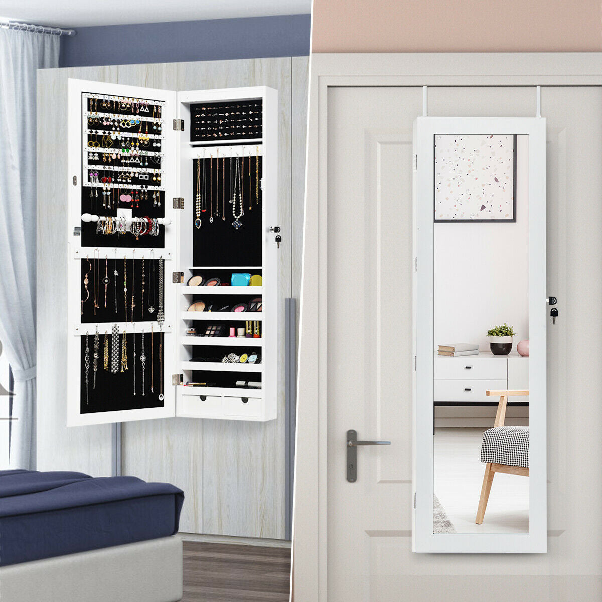 Door Mounted Lockable Mirrored Jewelry Cabinet With LED Lights, White Jewelry Armoires at Gallery Canada