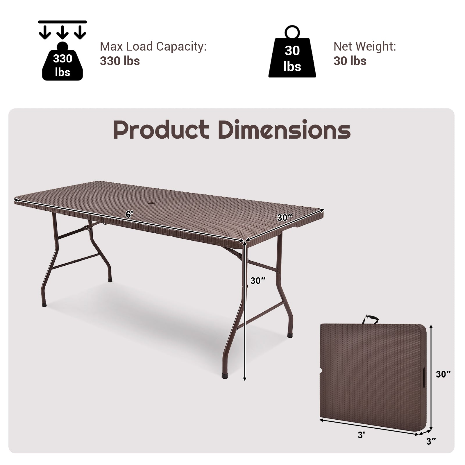 6 Feet Folding Portable Rattan Table, Brown Patio Coffee Tables at Gallery Canada