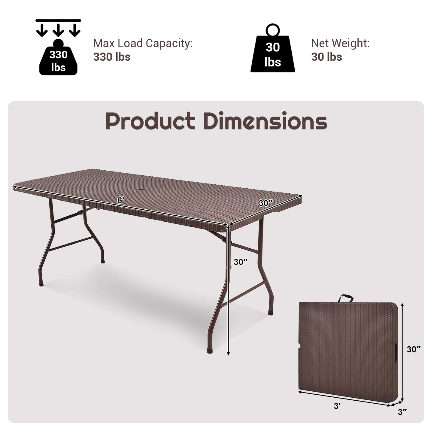 6 Feet Folding Portable Rattan Table, Brown Patio Coffee Tables at Gallery Canada
