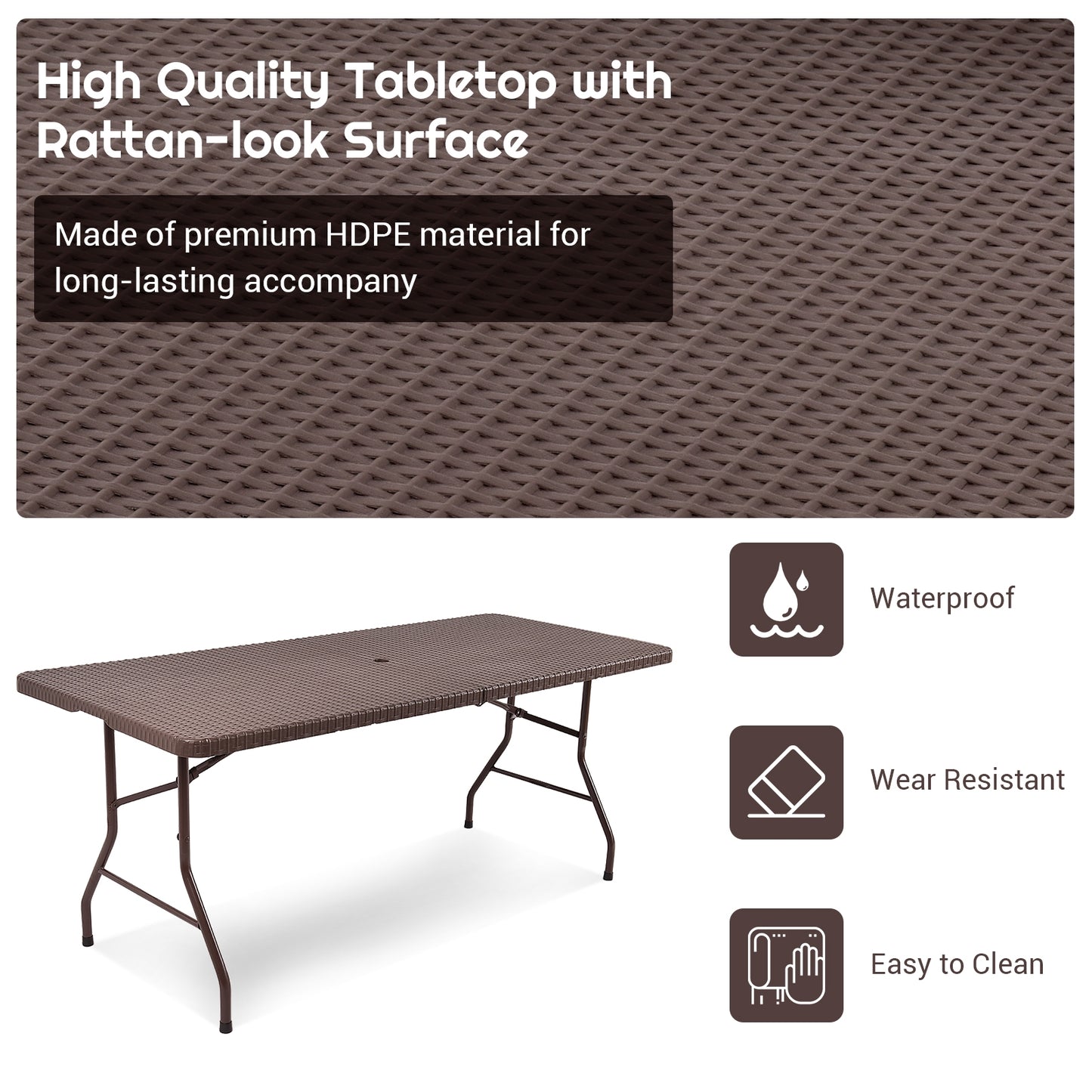 6 Feet Folding Portable Rattan Table, Brown Patio Coffee Tables at Gallery Canada