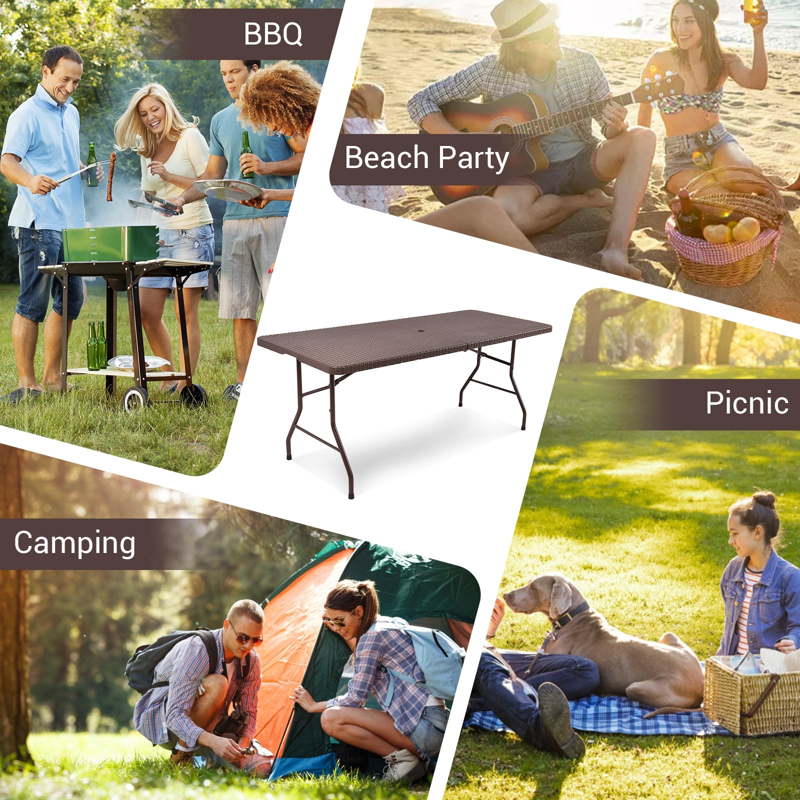 6 Feet Folding Portable Rattan Table, Brown Patio Coffee Tables at Gallery Canada